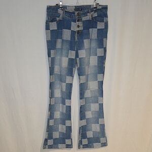 Frankie B. Blue and White Checkered Flare Jeans